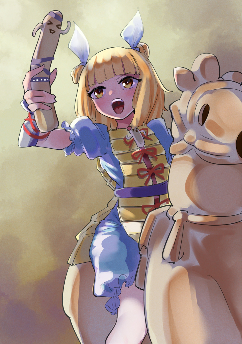 &gt;_&lt; 1girl :d absurdres armor blonde_hair bloomers blunt_bangs blush cowboy_shot double_bun frilled_sleeves frills gunnjou_yosio hair_bun hair_ribbon haniwa_(statue) highres holding holding_weapon horse horseback_riding joutouguu_mayumi open_mouth puffy_short_sleeves puffy_sleeves red_ribbon ribbon riding screaming shirt short_hair short_sleeves smile solo teeth tongue touhou upper_teeth_only uvula v-shaped_eyebrows weapon white_bloomers white_ribbon white_shirt yellow_eyes