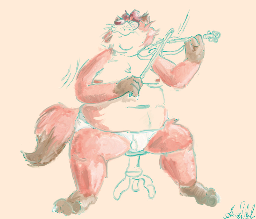anthro barefoot bowed_string_instrument briefs briefs_only brown_body brown_fur brown_nose bulge canid canine clothed clothing eyes_closed eyewear feet fiddling fox fur furniture glasses hair male mammal moobs musical_instrument nipples overweight overweight_male playing_music red_body red_fur red_hair scriabin signature simple_background sitting smile solo stool string_instrument tan_background tan_body tan_fur tighty_whities topless underwear underwear_only violin white_briefs white_clothing white_underwear