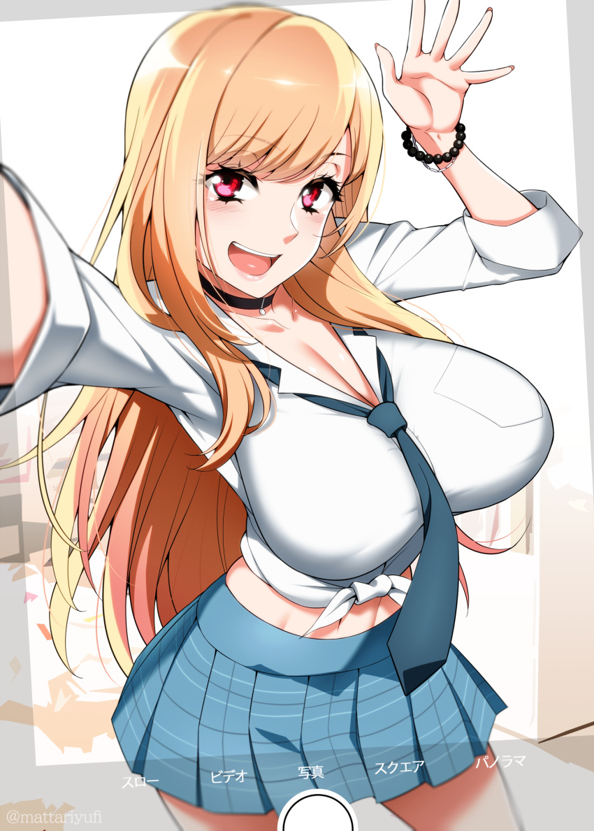 1girl blonde_hair blue_necktie bracelet breasts choker cleavage commentary_request foreshortening highres jewelry kitagawa_marin large_breasts long_hair long_sleeves looking_at_viewer mattari_yufi medium_breasts navel necktie open_mouth plaid plaid_skirt pleated_skirt red_eyes school_uniform selfie shirt skirt smile solo sono_bisque_doll_wa_koi_wo_suru tied_shirt upper_body waving white_shirt