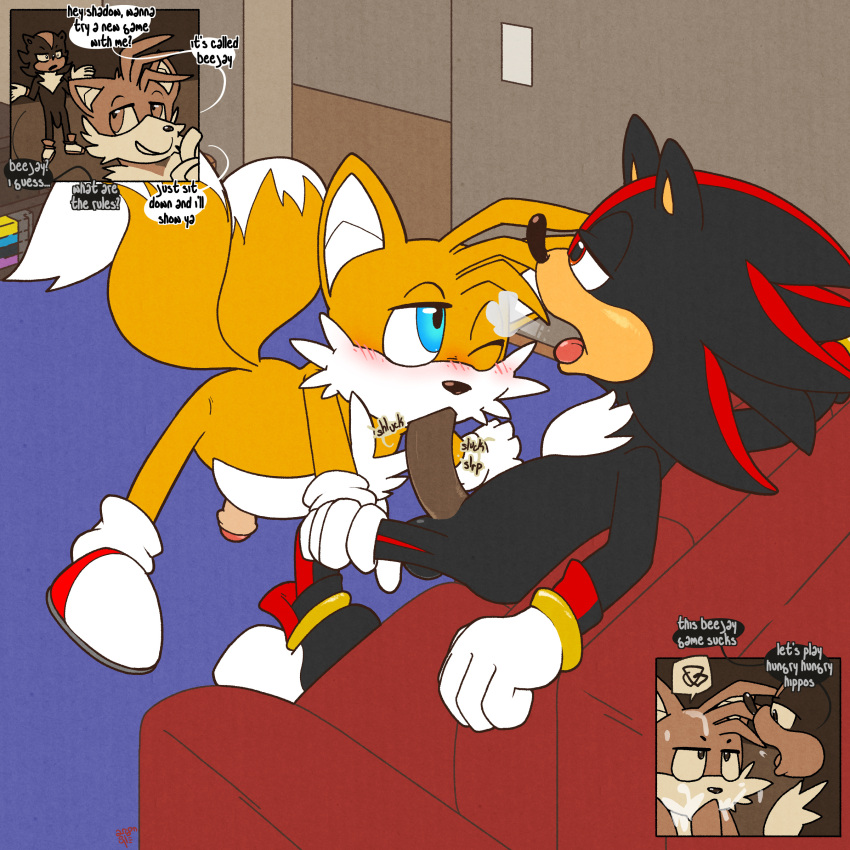 absurd_res argon_vile blush canid canine clothing comic dialogue duo eulipotyphlan footwear footwear_only foreskin fox genitals hedgehog hi_res male male/male mammal miles_prower mostly_nude open_mouth oral penis sega shadow_the_hedgehog shoes shoes_only socks sonic_the_hedgehog_(series) text