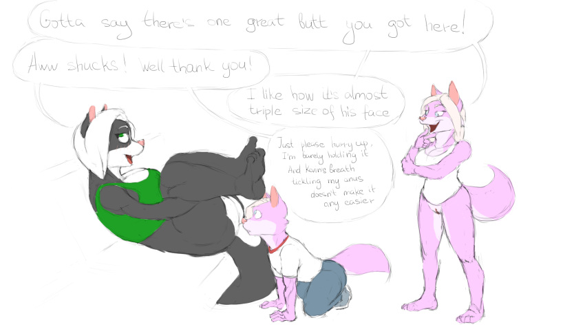 anthro becka_(el_brapitto) canid canine canis cassandra_(el_brapitto) domestic_dog dominant dominant_female el_brapitto female group hi_res humiliation implied_rimming kevin_(el_brapitto) male male/female mammal mephitid skunk trio