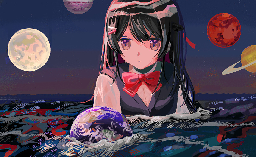 1girl afloat bessou_(harirure661) black_hair black_sweater_vest blue_sky bow bowtie brown_eyes commentary_request earth_(planet) full_moon giant giantess grey_hair hair_ornament hairclip half_updo highres jupiter_(planet) long_hair mars_(planet) moon multiple_sources nijisanji ocean partially_submerged planet red_bow red_bowtie saturn_(planet) school_uniform shirt sky solo star_(sky) starry_sky surreal sweater_vest tsukino_mito virtual_youtuber waves wet wet_hair white_shirt