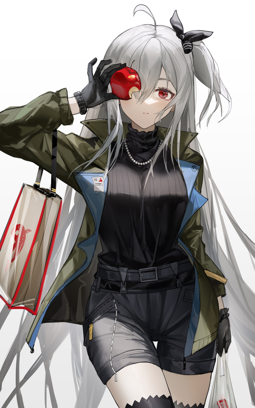 1girl ahoge apple arknights bag belt black_gloves black_shorts black_sweater bow cowboy_shot food food_bite fruit gloves green_jacket grey_hair hair_between_eyes hair_bow hand_up highres holding holding_food holding_fruit jacket jewelry long_hair long_sleeves looking_at_viewer necklace open_clothes open_jacket pearl_necklace plastic_bag red_apple red_eyes shorts side_ponytail simple_background skadi_(arknights) solo standing sweater sweater_tucked_in thighhighs tote_bag very_long_hair white_background yuuki_mix