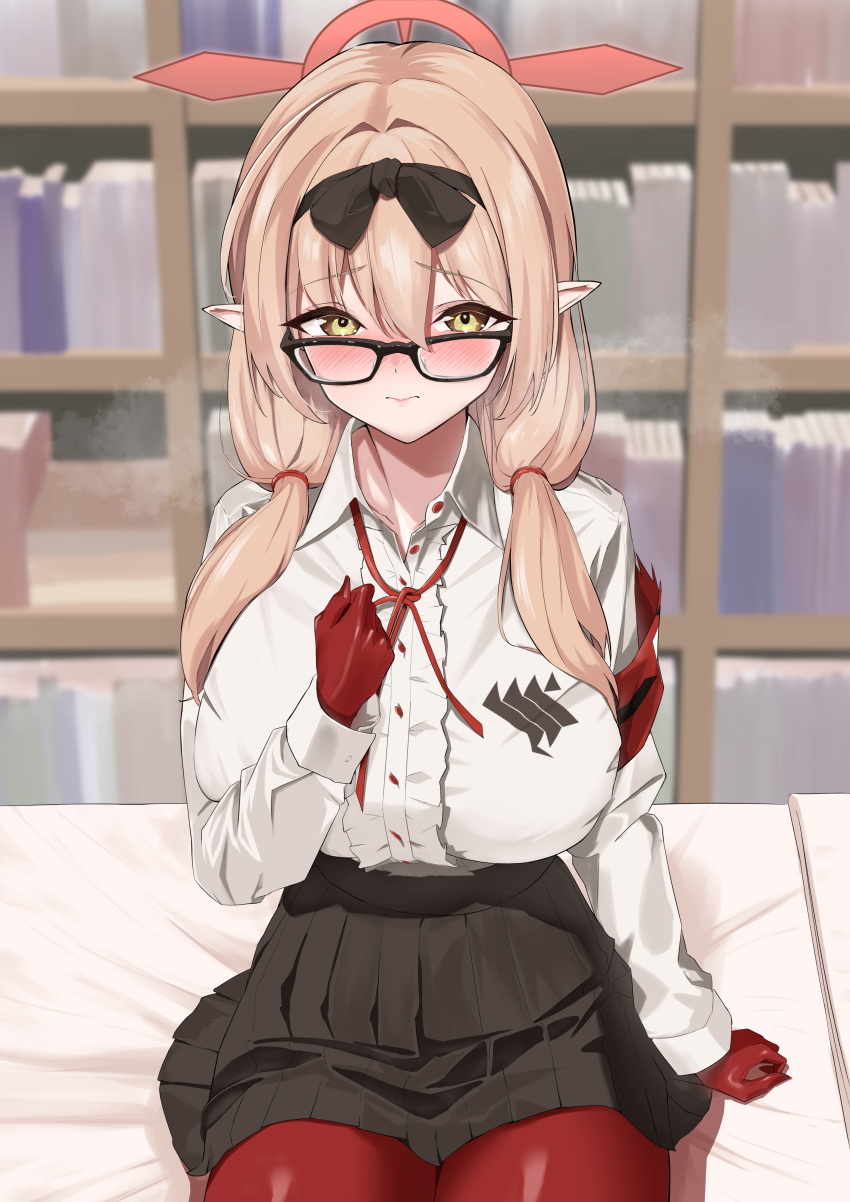 1girl absurdres black-framed_eyewear black_hairband black_ribbon black_skirt blue_archive blush bocchi_(kuropom7) breasts chinatsu_(blue_archive) closed_mouth collared_shirt commentary_request glasses gloves hair_ribbon hairband halo hand_up highres huge_breasts indoors long_sleeves looking_at_viewer looking_over_eyewear low_twintails neck_ribbon pantyhose pleated_skirt pointy_ears red_gloves red_halo red_pantyhose red_ribbon ribbon shirt shirt_tucked_in sitting skirt solo twintails white_shirt yellow_eyes