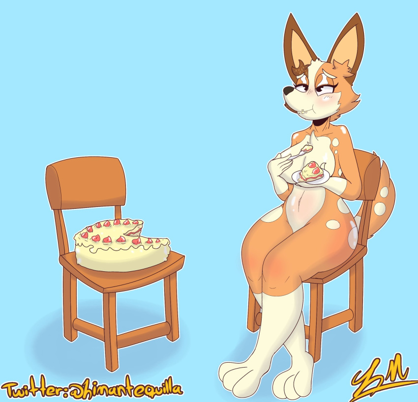 anthro black_eyes blue_background bluey_(series) blush blush_lines breasts brown_body brown_fur cake canid chair cheek_tuft chilli_heeler covering covering_breasts cutlery dessert dipstick_limbs eating eating_cake eating_food eyelashes facial_tuft female food fork fur furniture hi_res kitchen_utensils limantequilla mammal navel plate simple_background sitting solo tan_body tan_fur thick_thighs tools tuft white_body white_fur wide_hips