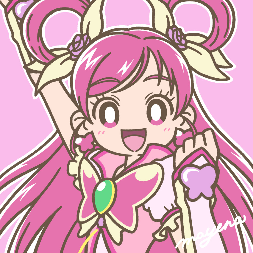 1girl absurdres arm_up blush brooch butterfly_brooch butterfly_earrings clenched_hand cure_dream earrings eyelashes flower hair_flower hair_ornament hair_rings highres jewelry long_hair looking_at_viewer magical_girl mayena open_mouth outline pink_background pink_eyes pink_hair precure ribbon signature simple_background smile solo upper_body white_outline yes!_precure_5 yumehara_nozomi