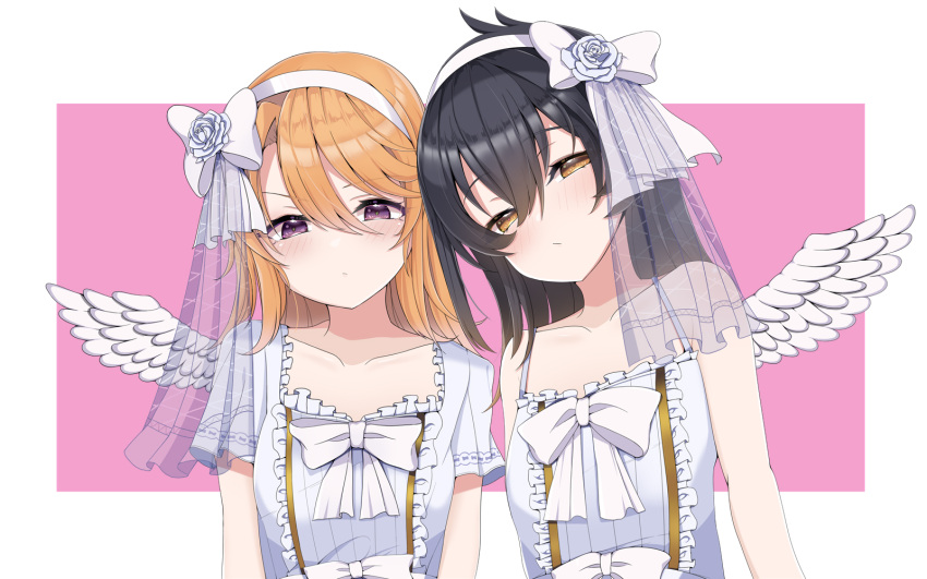 2girls alternate_costume black_hair blush breasts collarbone dress feathered_wings frilled_dress frills hair_between_eyes hairband hal_(ojou) highres idolmaster idolmaster_cinderella_girls looking_at_viewer matoba_risa multiple_girls orange_hair purple_eyes simple_background single_wing small_breasts two-tone_background upper_body veil white_dress white_hairband white_wings wings yellow_eyes yuuki_haru