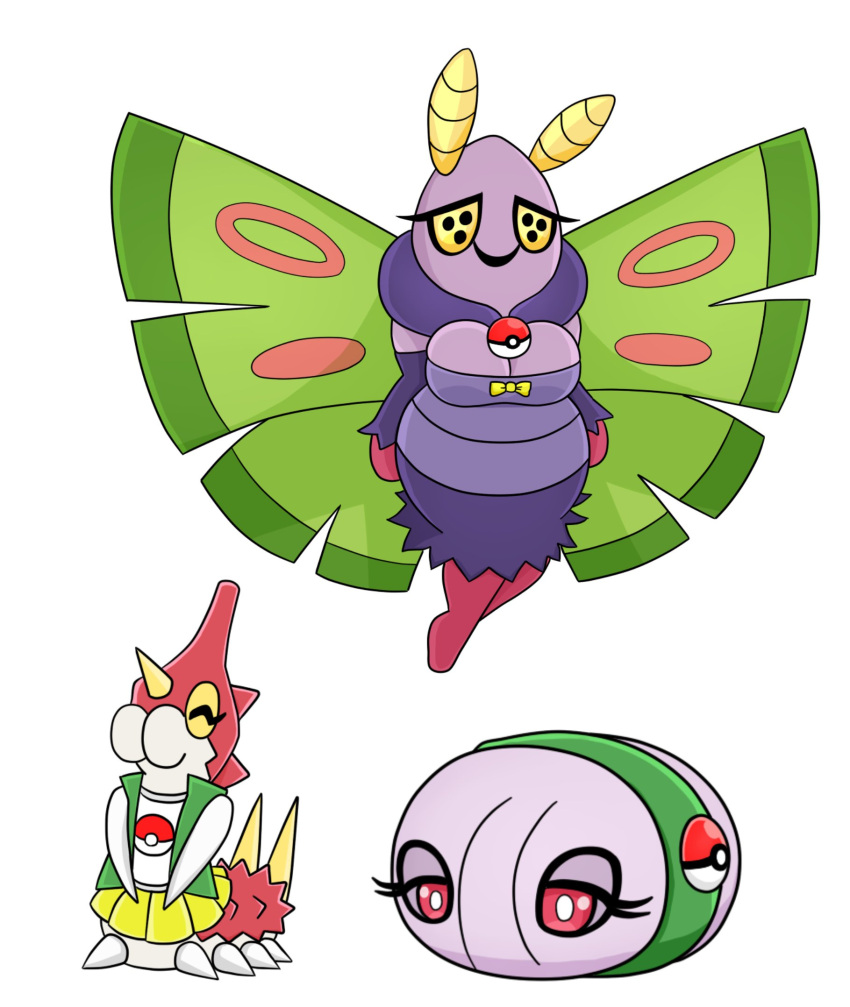 antennae_(anatomy) anthro armless bandage bottomwear breasts cascoon clothing dress dustox female generation_3_pokemon group hi_res horn jacket legless nintendo pokemon pokemon_(species) pupils purple_body red_body red_eyes shirt simple_background skirt topwear trio urusee584 white_background white_pupils wings wurmple yellow_eyes