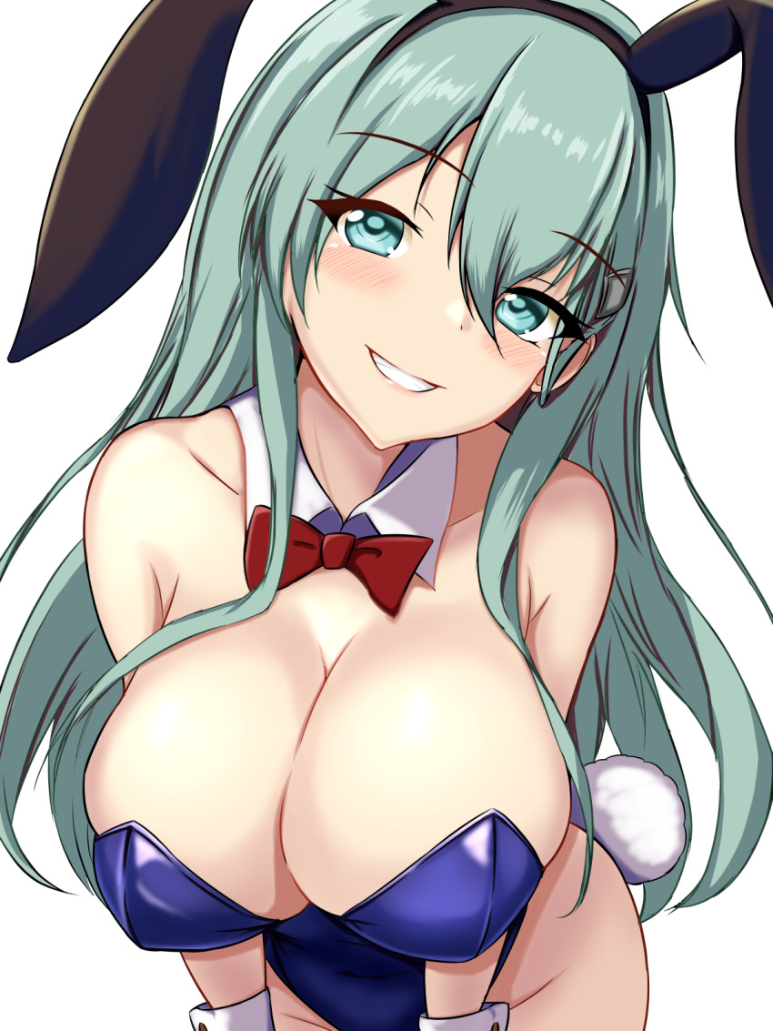 1girl animal_ears aqua_eyes aqua_hair bare_legs bare_shoulders blush breasts cleavage covered_navel cowboy_shot detached_collar fake_animal_ears fake_tail hair_between_eyes hair_ornament hairclip highres kantai_collection large_breasts leotard long_hair looking_at_viewer montemasa open_mouth playboy_bunny purple_leotard rabbit_tail smile solo strapless strapless_leotard suzuya_(kancolle) tail white_background wrist_cuffs