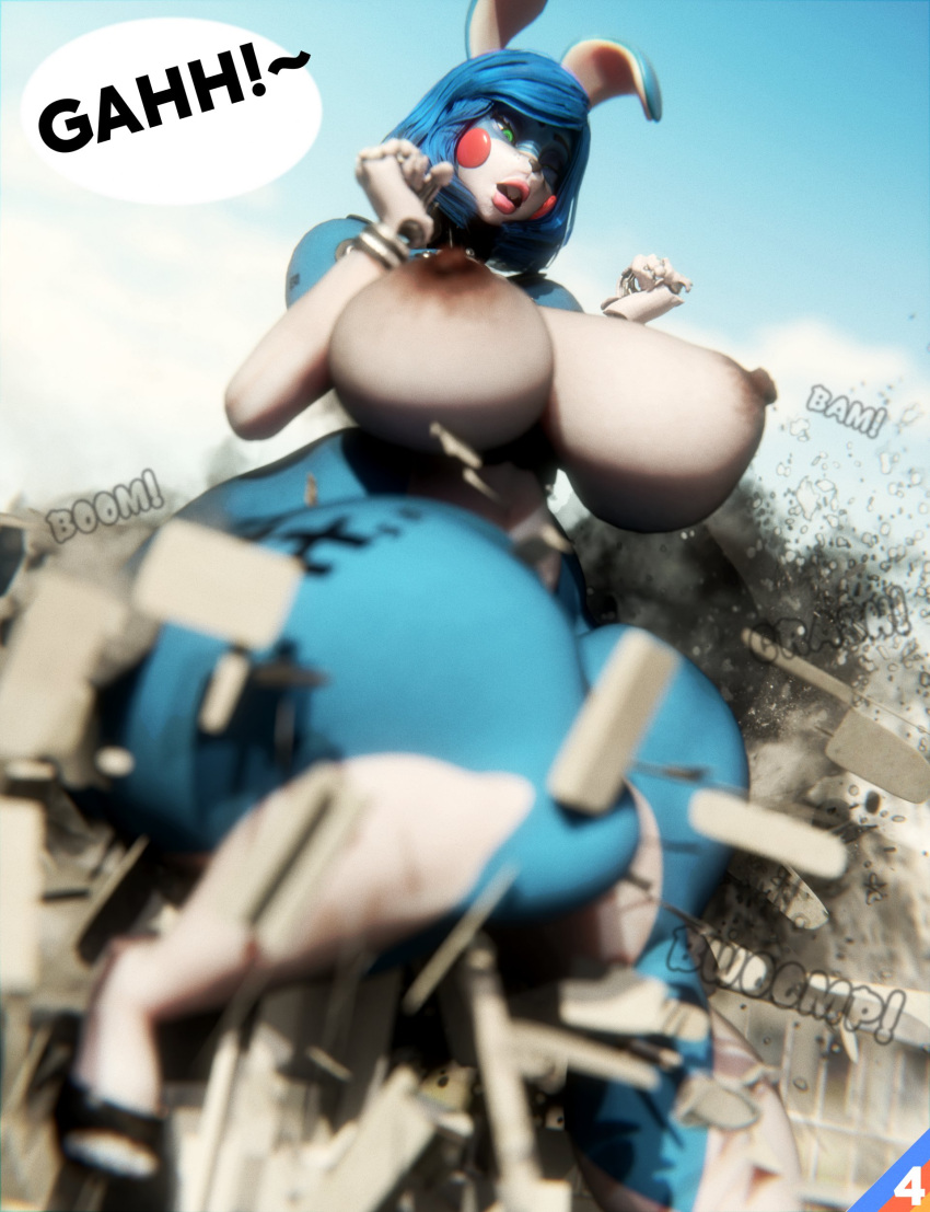 2023 3d_(artwork) 5_fingers absurd_res animatronic anthro areola big_breasts black_nose blue_body blue_hair breasts building building_destruction clothing cloud digital_media_(artwork) english_text female fingers five_nights_at_freddy's five_nights_at_freddy's_2 footwear green_eyes hair hi_res high_heels lagomorph leporid lips machine macro mammal nipples nude outside pink_lips profanity rabbit robot scottgames solo standing sunr4y text thick_thighs toy_bonnie_(fnaf) white_body