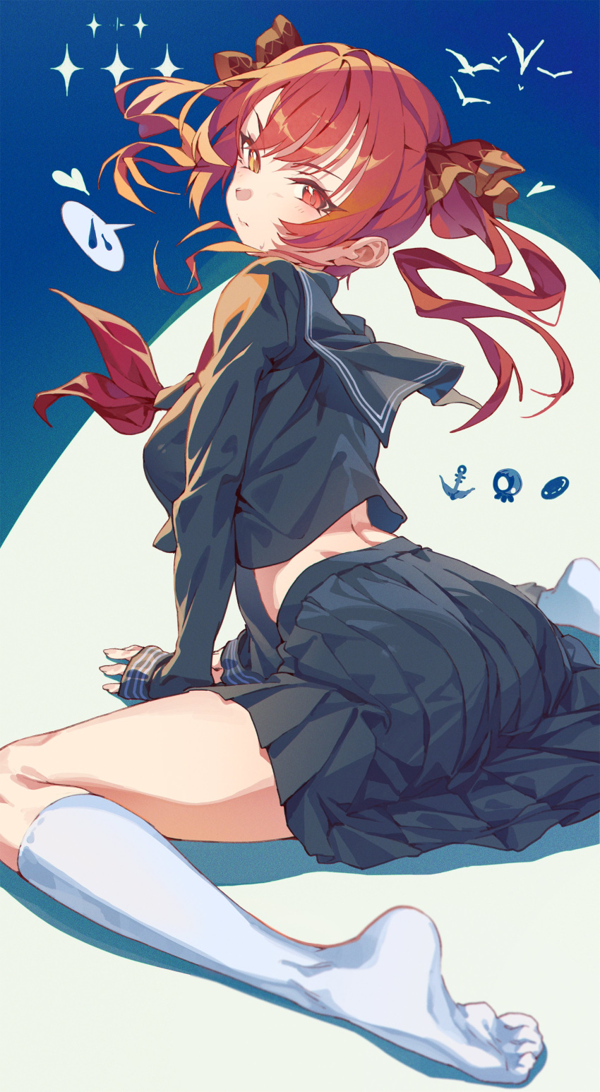 1girl absurdres alternate_costume arched_back black_serafuku black_shirt black_skirt blue_background eyelashes feet foot_out_of_frame foreshortening from_behind grey_background hair_ribbon heterochromia highres hololive houshou_marine hxxg leaning_forward legs long_hair long_sleeves looking_at_viewer looking_back midriff_peek neckerchief no_shoes on_ground pleated_skirt red_eyes red_hair red_neckerchief red_ribbon ribbon sailor_collar school_uniform serafuku shadow shirt sitting skirt sleeves_past_wrists socks soles solo thighs toes twintails two-tone_background virtual_youtuber wariza white_socks yellow_eyes