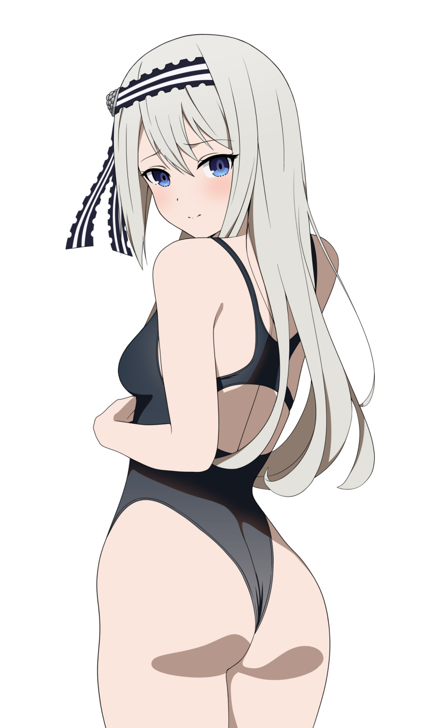 1girl absurdres ass black_one-piece_swimsuit blue_eyes breasts closed_mouth coro_fae grey_hair hairband highres kaguya-sama_wa_kokurasetai_~tensai-tachi_no_renai_zunousen~ long_hair looking_at_viewer looking_back medium_breasts one-piece_swimsuit shirogane_kei simple_background smile solo standing swimsuit white_background