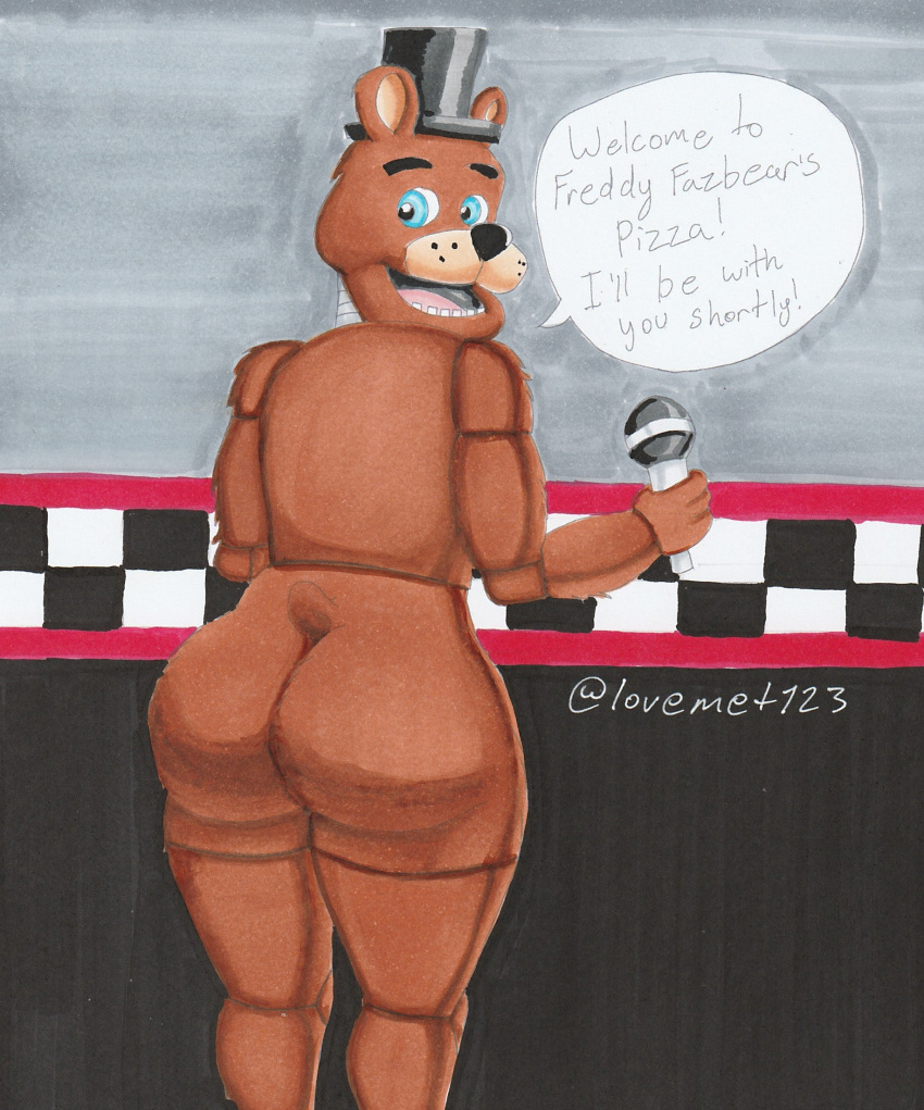 animatronic bear big_butt blue_eyes brown_body brown_fur butt checkered_wall clothing five_nights_at_freddy's freddy_(fnaf) fur hat headgear headwear hi_res lovemet123_(lovemet_room) machine male male_focus mammal microphone pizzeria robot scottgames small_tail smile solo tail top_hat