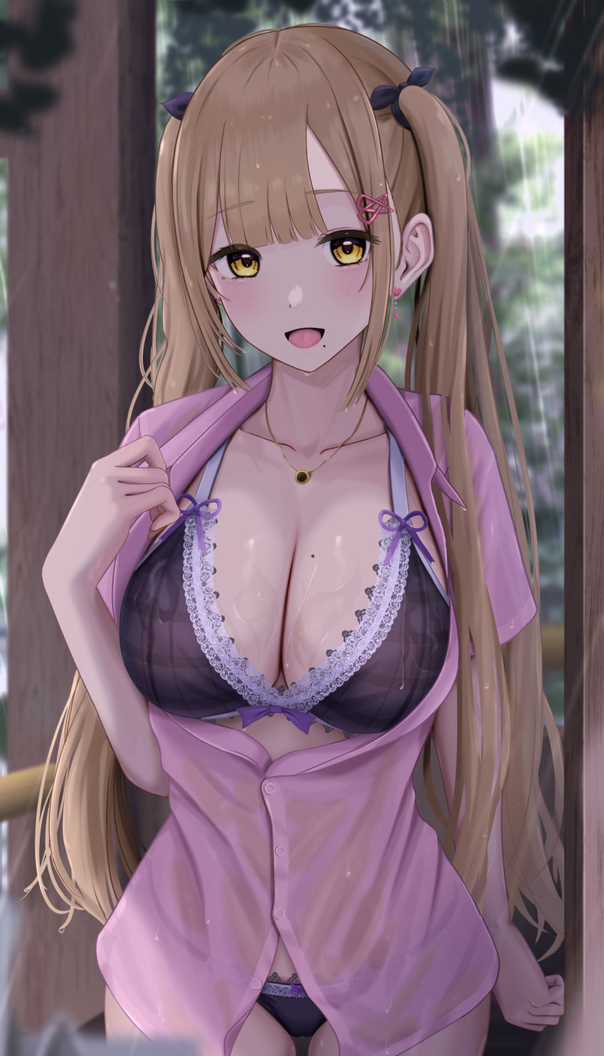 1girl black_bra black_panties blonde_hair blunt_bangs blush bow bra breasts cleavage clothes_pull collarbone commentary_request cowboy_shot earrings hair_bow hair_ornament hairclip highres inaka_44 jewelry lace lace_bra lace_panties lace_trim large_breasts long_hair looking_at_viewer mole mole_on_breast mole_under_mouth necklace open_clothes open_mouth open_shirt original panties pink_shirt rain see-through see-through_shirt shirt shirt_pull smile solo twintails underwear wet wet_clothes wet_hair yellow_eyes