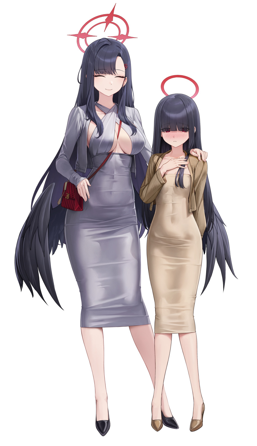 2girls absurdres black_footwear black_hair blue_archive blush breasts brown_dress brown_footwear brown_jacket closed_eyes closed_mouth cosplay cryturtle dongtan_lady_(k_pring) dongtan_lady_(k_pring)_(cosplay) dress full_body grey_dress grey_jacket hair_ornament hair_over_eyes hairclip halo high_heels highres ichika_(blue_archive) jacket justice_task_force_member_(blue_archive) large_breasts long_hair long_sleeves multiple_girls open_clothes open_jacket red_eyes red_halo simple_background small_breasts smile white_background