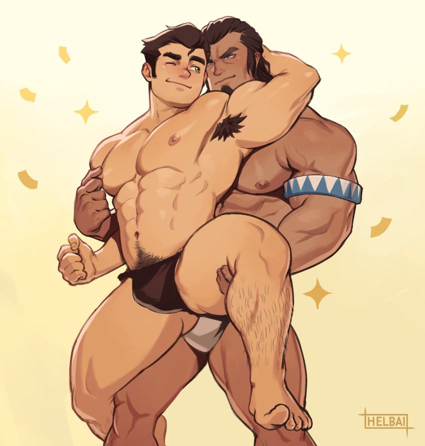 2boys abs absurdres age_difference armpit_hair armpits artist_name avatar_legends bara black_hair bolin bulge bulge_to_ass closed_mouth dark-skinned_male dark_skin dry_humping fundoshi highres holding_another's_leg humping imminent_anal imminent_penetration japanese_clothes large_pectorals leg_around_around_another's_leg leg_hair looking_at_another male_focus mature_male multiple_boys muscular muscular_male navel navel_hair nipple_tweak nipples one_eye_closed pectorals short_hair smile sparkle_background the_legend_of_korra thick_thighs thighs tonraq whyhelbram yaoi