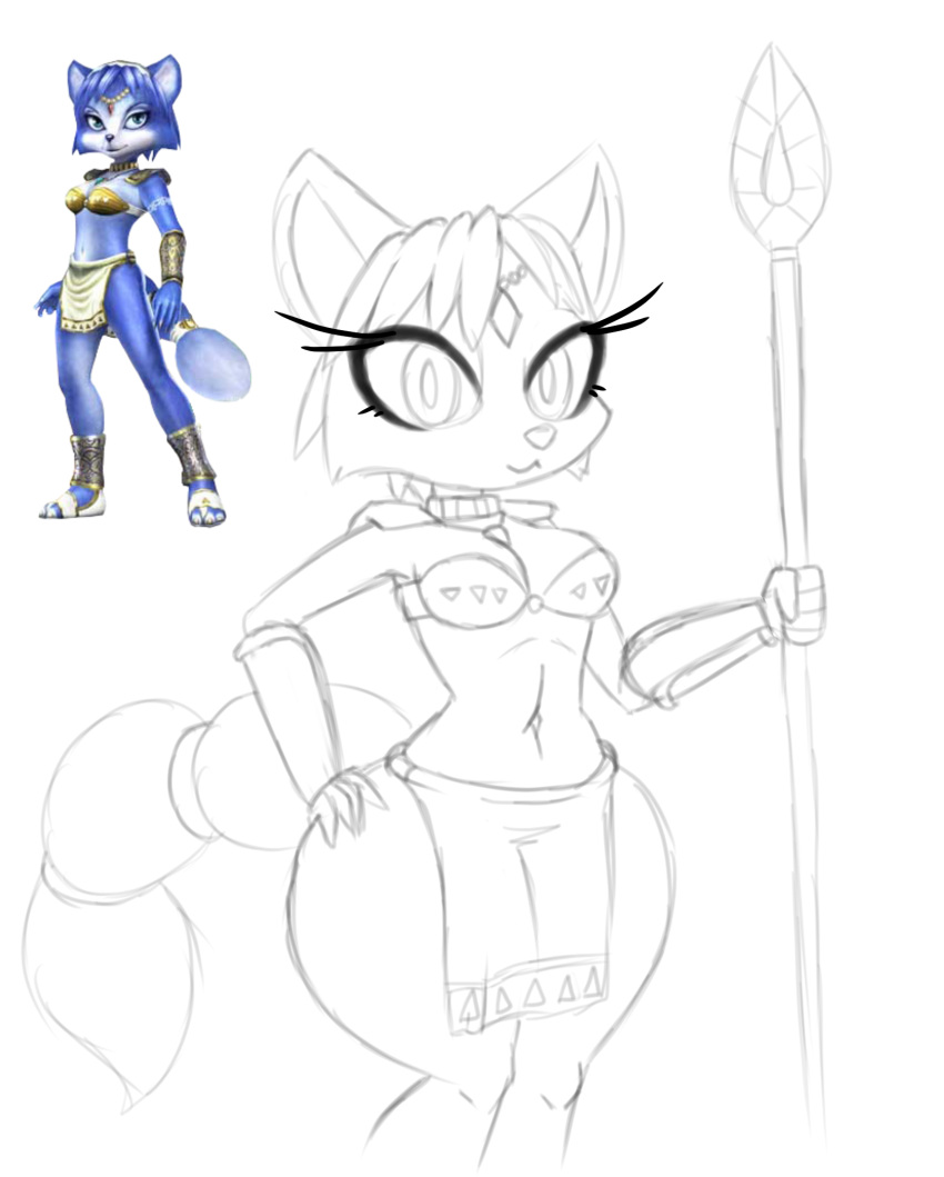 accessory anthro bit-small bottomwear breasts canid canine clothing female fox furgonomics hair hi_res jewelry krystal loincloth mammal melee_weapon monochrome navel nintendo polearm ring solo spear star_fox tail tail_accessory tail_jewelry tail_ring tribal_clothing weapon wide_hips