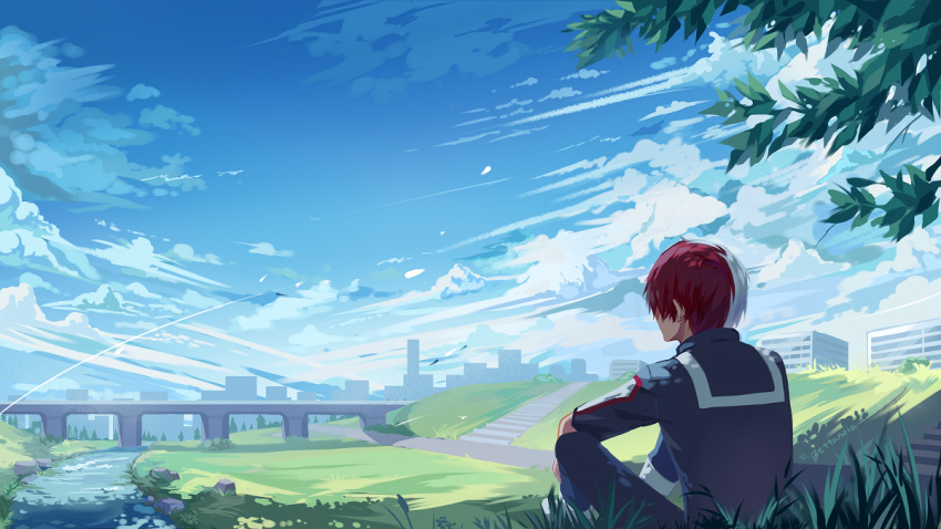 1boy ankle_boots artist_name blue_sky blue_track_suit boku_no_hero_academia boots branch bridge building burn_scar city cloud cloudy_sky commentary dappled_sunlight day elbow_on_knee elbow_rest english_commentary from_behind gradient_sky high_collar jacket knees_up leaf male_focus multicolored_hair no_lineart on_grass outdoors pants red_hair river road rock scar scar_on_face scenery shade short_hair sitting sky skyline solo split-color_hair stairs sunlight todoroki_shouto track_jacket track_pants track_suit tree two-tone_hair u.a._gym_uniform white_footwear white_hair wide_shot zettanoia
