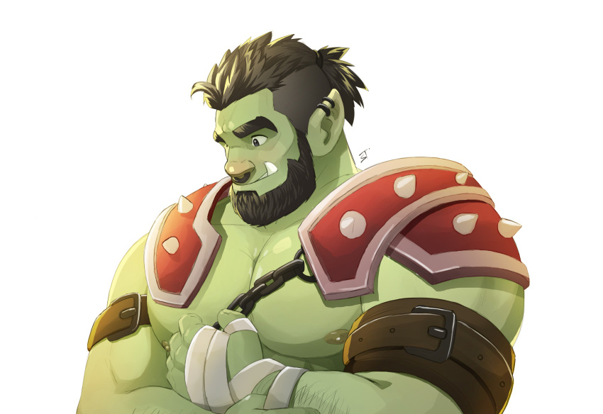 1boy absurdres arm_hair bandaged_arm bandages bara beard chain colored_skin facial_hair from_side green_skin hair_slicked_back high_ponytail highres jojiart large_pectorals leather_belt looking_down male_focus mature_male muscular muscular_male nipples orc original pectorals sanpaku short_hair shoulder_spikes smile solo spikes thick_eyebrows tusks undercut