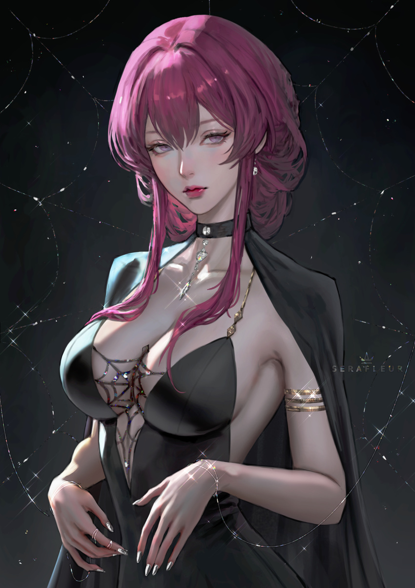 1girl alternate_costume armlet artist_name black_dress bracelet breasts cleavage closed_mouth collarbone dress earrings expressionless fingernails hair_between_eyes highres honkai:_star_rail honkai_(series) jewelry kafka_(honkai:_star_rail) large_breasts light_particles long_hair looking_at_viewer multiple_rings nail_polish necklace purple_eyes purple_hair ring serafleur sidelocks silver_nails sleeveless sleeveless_dress solo spider_web_background upper_body