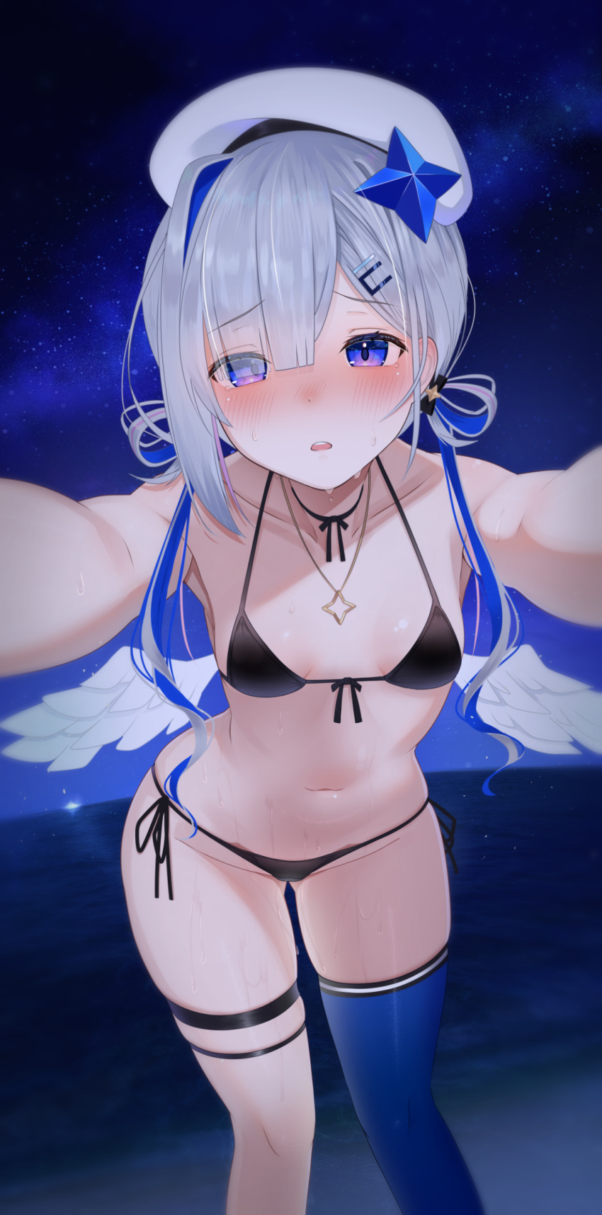 1girl amane_kanata angel angel_wings beret bikini black_bikini blue_hair blue_thighhighs blush breasts collarbone colored_inner_hair commentary_request foreshortening grey_hair hair_rings hat highres hololive jewelry kachikachipiroo looking_at_viewer medium_hair multicolored_hair navel necklace night open_mouth outstretched_arms pov purple_eyes single_thighhigh small_breasts solo star_(symbol) star_necklace stomach swimsuit thigh_strap thighhighs thighs virtual_youtuber wet white_headwear wings