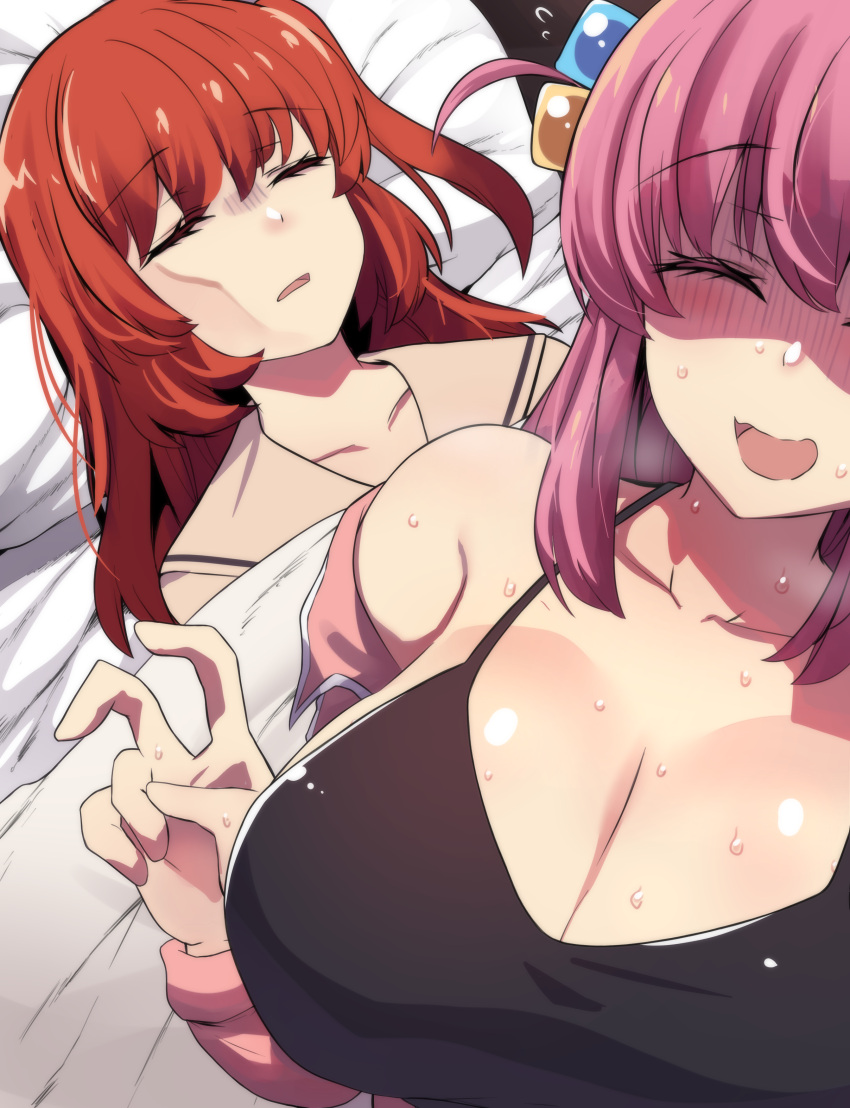 2girls absurdres bed_sheet bocchi_the_rock! breasts breath camisole cleavage closed_eyes cube_hair_ornament embarrassed facing_viewer flying_sweatdrops gotou_hitori hair_ornament hand_up highres hinghoi huge_breasts jacket kita_ikuyo long_hair lying multiple_girls on_back one_side_up open_clothes open_jacket open_mouth paid_reward_available parted_lips pillow pink_hair pink_jacket red_hair selfie shaded_face side_ponytail sleeping smile spaghetti_strap sunken_cheeks sweat upper_body v