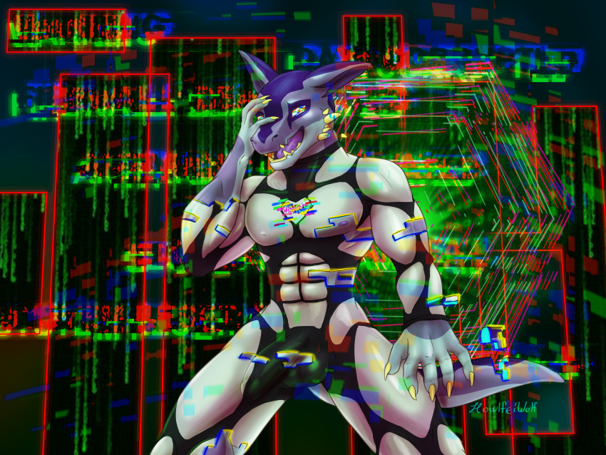absurd_res anthro artifact balls bodysuit bulge claws clothed clothing corruption cyberspace digital_media_(artwork) dissolving_clothing dragon ears_back english_text erection genitals glitch hi_res holding_face horn howlfeiwolf humanoid_genitalia humanoid_penis hypnotic_eyes male mind_control multicolored_body muscular muscular_male nipples open_mouth penis penis_tuck pivoted_ears purple_body reptile scalie skinsuit smile solo static tail teeth text tight_clothing tongue