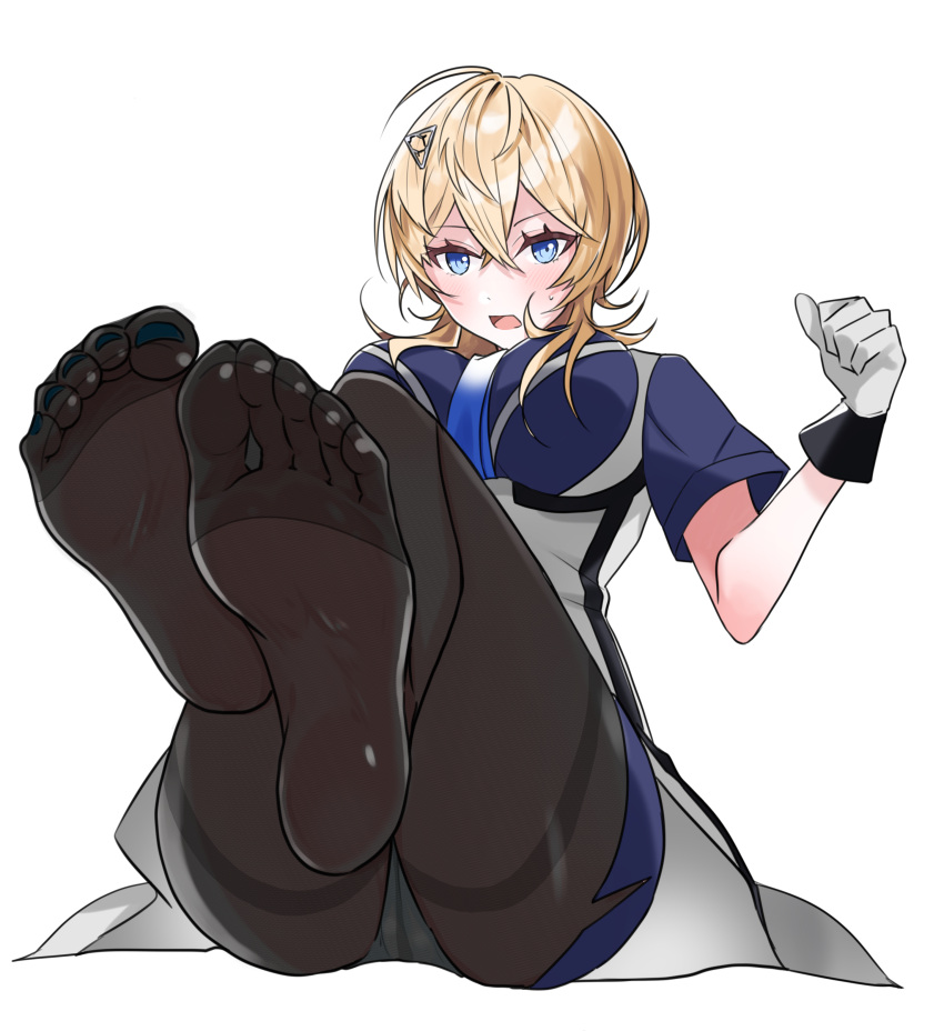 1girl absurdres black_pantyhose blonde_hair blue_eyes blue_nails blue_shirt blue_skirt breasts collared_shirt commentary_request commission dodo_(purofu_hitsudoku) feet foot_focus gloves gradient_neckerchief highres kantai_collection large_breasts leaning_back military military_uniform nail_polish panties panties_under_pantyhose pantyhose pantyshot pencil_skirt shirt short_hair simple_background sitting skirt soles solo thighband_pantyhose toenail_polish toenails tuscaloosa_(kancolle) underskirt underwear uniform white_background white_gloves white_panties