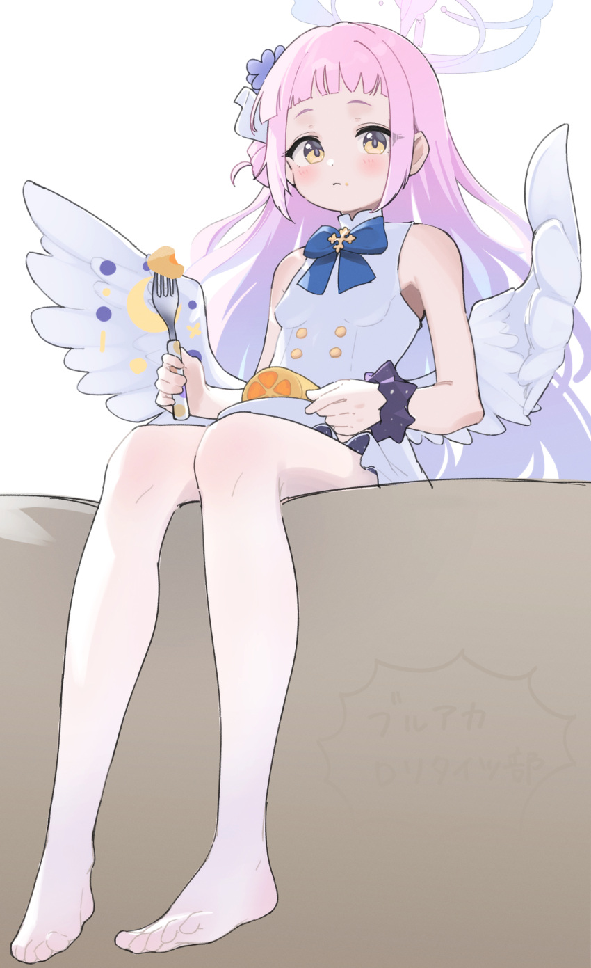 1girl angel_wings blue_archive blue_ribbon blush breasts cake dress feathered_wings food food_on_face fork halo highres holding holding_fork long_hair looking_at_viewer mika_(blue_archive) namaonpa neck_ribbon no_shoes panties pink_hair ribbon sitting sleeveless sleeveless_dress small_breasts solo straight_hair swiss_roll toes underwear very_long_hair white_dress white_panties white_wings wings