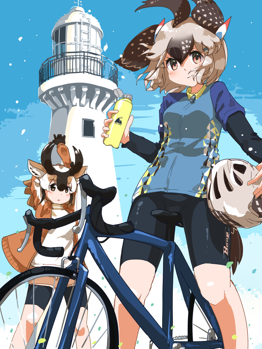 absurd_res animal_humanoid avian avian_humanoid bicycle bicycle_helmet bike_shorts bird bird_humanoid bottomwear clothed clothing cuculiform cuculiform_humanoid duo female greater_roadrunner_(kemono_friends) hi_res humanoid iwafish kemono_friends mammal mammal_humanoid pronghorn pronghorn_humanoid puhon roadrunner_humanoid shorts tight_bottomwear tight_clothing tight_shorts