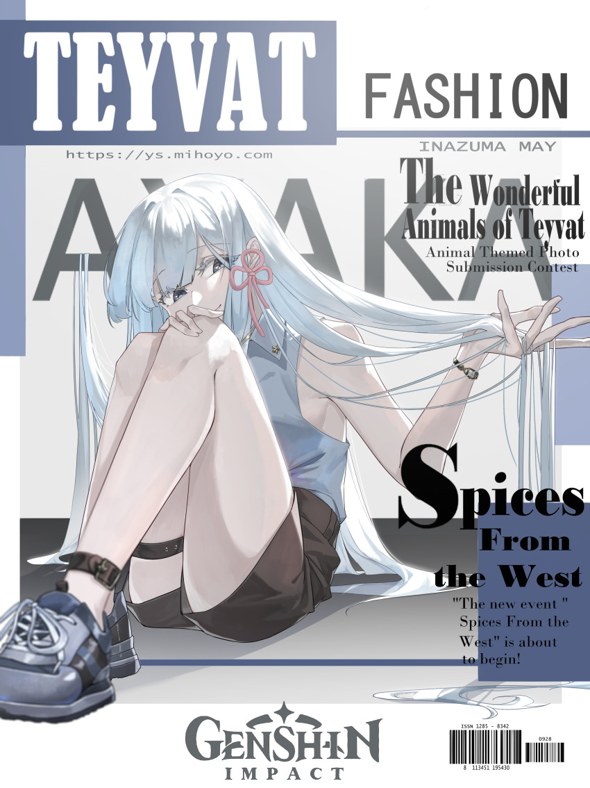 1girl absurdres alternate_costume ankle_belt baiyinzhideng barcode bare_shoulders belt black_shorts blue_footwear blunt_bangs border casual character_name collared_shirt copyright_name cover english_text fake_magazine_cover flower_knot genshin_impact grey_eyes grey_shirt hand_on_own_knee highres kamisato_ayaka knees_up magazine_cover on_floor playing_with_own_hair shirt shoes shorts sitting sleeveless sleeveless_shirt solo thigh_belt thigh_strap watch web_address white_border white_hair wristwatch