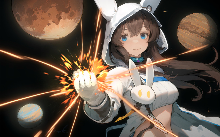 1girl amiya_(arknights) amiya_(guard)_(arknights) amiya_(guard)_(touch_the_stars)_(arknights) animal_ears animal_hood arknights blue_collar blue_eyes breasts brown_hair closed_mouth collar commentary_request cropped_shirt explosion gloves hair_between_eyes highres hood hood_up hooded_jacket jacket long_hair long_sleeves looking_at_viewer medium_breasts official_alternate_costume planet rabbit_ears shirt smile solo upper_body welt_(kinsei_koutenkyoku) white_gloves white_shirt wide_sleeves