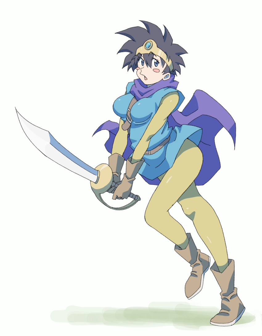 1girl :o absurdres belt black_hair blue_eyes blue_gemstone blue_tunic blush_stickers boots breasts brown_belt brown_footwear brown_gloves cape circlet dragon_quest dragon_quest_iii eyelashes gem gloves hair_between_eyes heroine_(dq3) highres holding holding_sword holding_weapon legs_up looking_to_the_side medium_breasts open_mouth pantyhose powerhamuhamu purple_cape roto_(dq3) short_hair simple_background solo spiked_hair sword tunic v_arms weapon white_background yellow_pantyhose