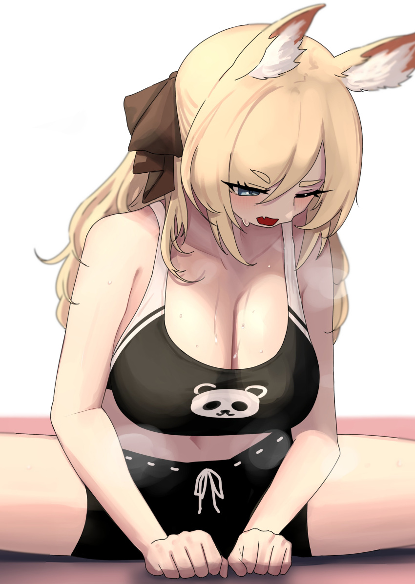 1girl 360_(taiyo360) absurdres animal_ear_fluff animal_ears arknights black_bow blonde_hair blue_eyes blush bow breasts cleavage fang gym_uniform hair_bow highres horse_ears horse_girl large_breasts long_hair one_eye_closed open_mouth simple_background solo split sports_bra sweat whislash_(arknights) white_background