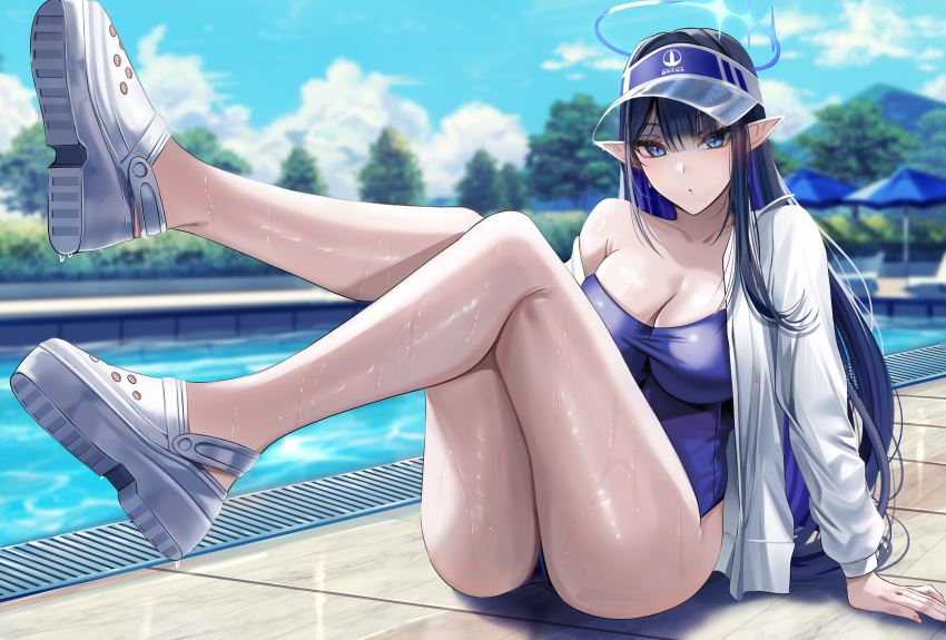 1girl ass black_hair blue_archive blue_eyes blue_hair blue_halo breasts cleavage closed_mouth collarbone colored_inner_hair crocs day halo highres jacket large_breasts long_hair looking_at_viewer multicolored_hair nicky_w open_clothes open_jacket outdoors pointy_ears pool rin_(blue_archive) sitting solo water wet white_footwear white_jacket