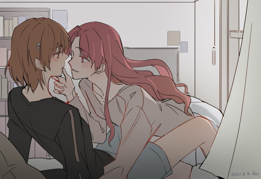 black_shirt brown_eyes brown_hair collarbone commentary dated eye_contact face-to-face grey_shirt hand_on_another's_chin huakuiliehuo indoors light_blush long_hair long_sleeves looking_at_another misaka_mikoto parted_lips shirai_kuroko shirt short_hair smile toaru_kagaku_no_railgun toaru_majutsu_no_index wavy_hair yuri