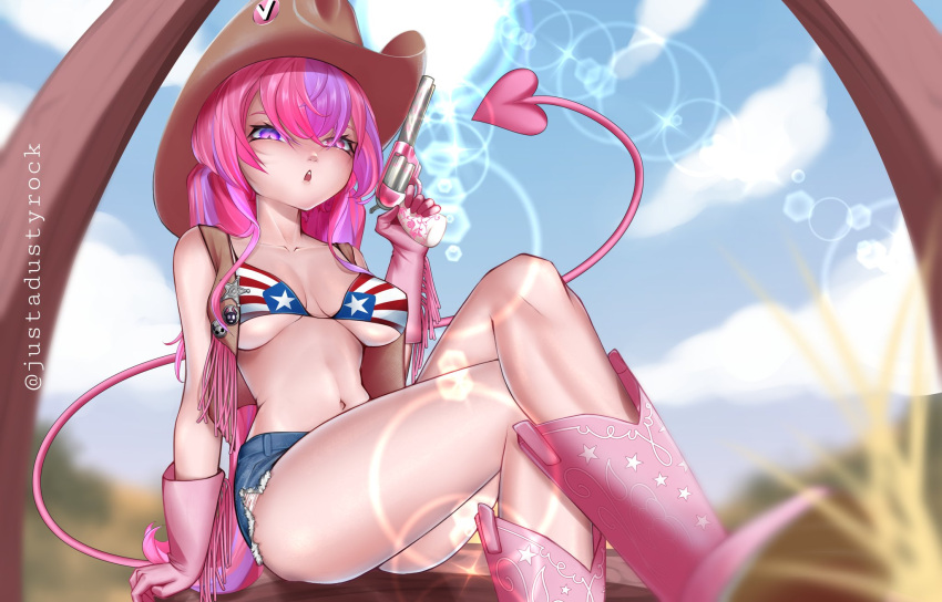 1girl american_flag_bikini bikini blue_bikini blue_sky boots breasts brown_headwear brown_vest cloud cowboy_boots cowboy_hat cowboy_western crossed_legs demon_girl demon_tail flag_print gloves gun hat heterochromia highres holding holding_gun holding_weapon ironmouse justadustyrock large_breasts looking_at_viewer multicolored_hair navel open_mouth pink_eyes pink_footwear pink_gloves pink_hair purple_eyes purple_hair red_bikini short_shorts shorts sky streaked_hair striped striped_bikini swimsuit tail teeth two-tone_bikini upper_teeth_only vest virtual_youtuber vshojo weapon