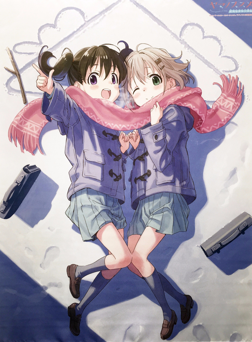 2girls absurdres bag blue_jacket brown_footwear commentary_request footprints green_eyes hair_ornament hairclip highres jacket kneehighs kuraue_hinata loafers looking_at_viewer lying matsuo_yuusuke multiple_girls official_art on_side photo_(medium) pinky_swear pleated_skirt pointing purple_eyes scarf school_bag shared_clothes shared_scarf shoes skirt smile snow socks stick twintails yama_no_susume yukimura_aoi