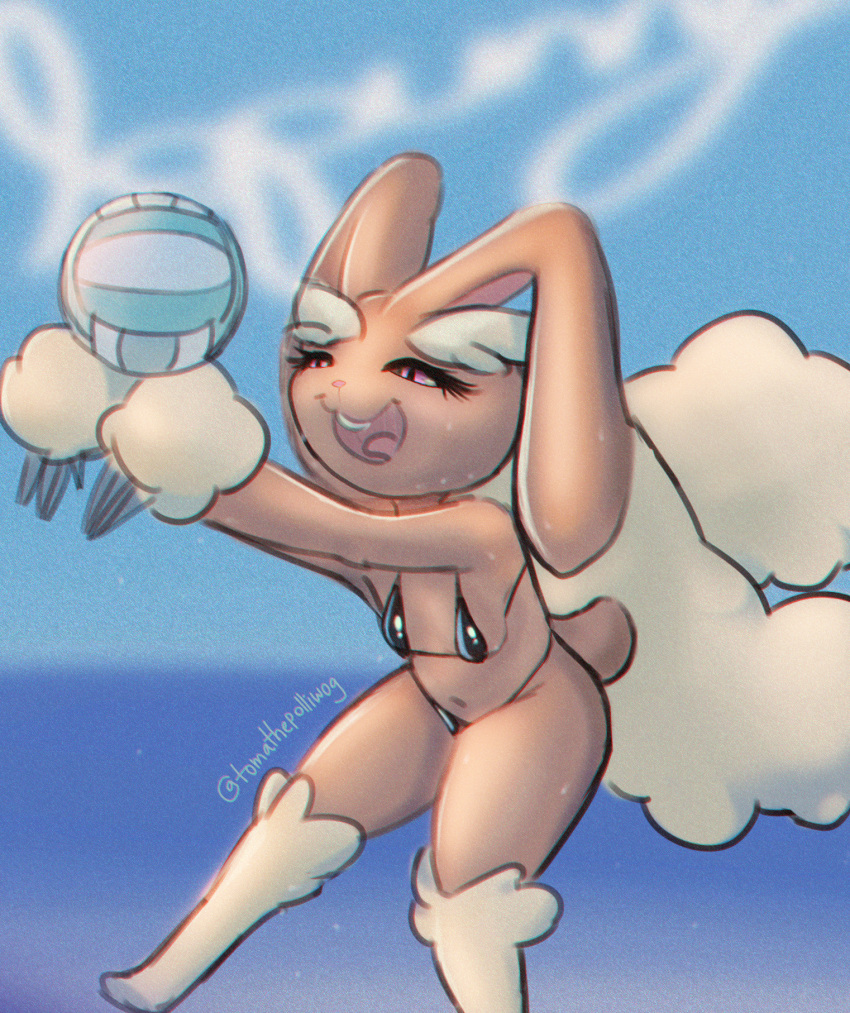 1girl :3 animal_ears animal_nose arms_up ball bare_shoulders barefoot bikini black_bikini blue_background body_fur breasts brown_fur buck_teeth character_name chromatic_aberration clothed_pokemon commentary day english_text furry furry_female half-closed_eyes happy highres horizon jumping legs lopunny navel open_mouth outdoors outstretched_arms playing_sports pointy_ears pokemon pokemon_(creature) rabbit_ears rabbit_girl rabbit_tail red_eyes small_breasts smile solo string_bikini swimsuit tail teeth text_background thighs tomathepolliwog tongue two-tone_fur volleyball_(object) yellow_fur