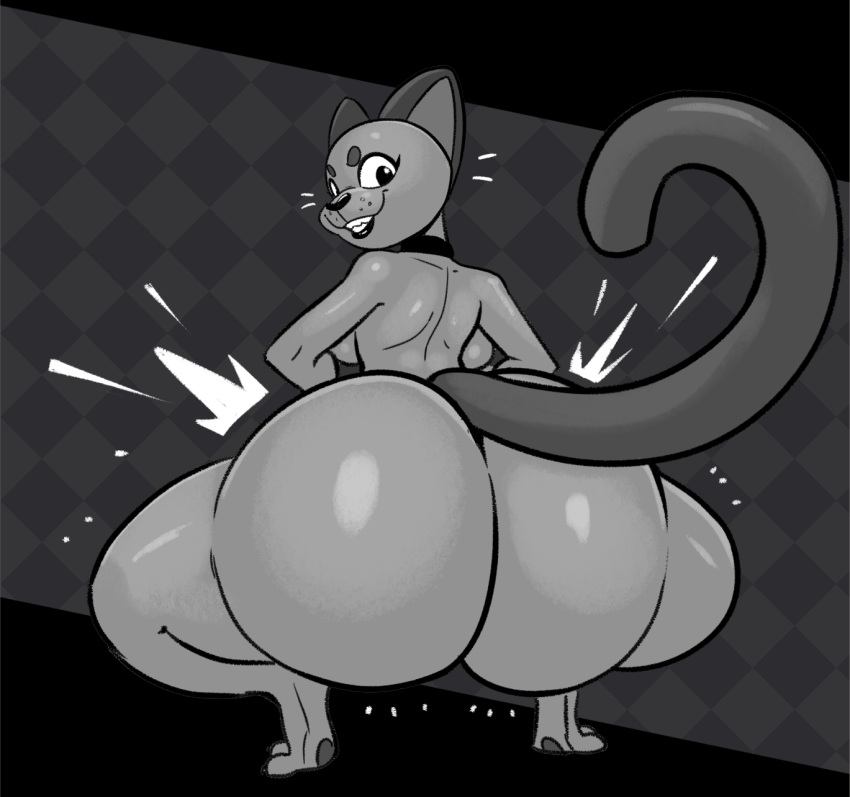 2023 anthro beat_banger big_butt bottomless broly_culo bubble_butt bunfan_games butt butt_slap cathy_smith clothed clothing collar crouching curvy_figure dark_body digital_drawing_(artwork) digital_media_(artwork) domestic_cat felid feline felis female glistening glistening_body hair hi_res huge_butt huge_thighs hyper hyper_butt legwear lips lipstick looking_at_viewer looking_back makeup mammal meme monochrome pawpads simple_background slap smile smiling_at_viewer solo squats thick_thighs thigh_highs topless twerking ultrahyper voluptuous