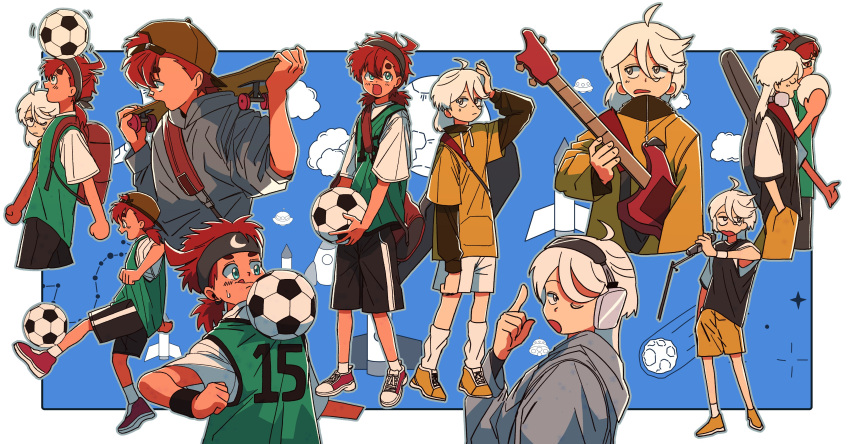 2girls absurdres ahoge ball baseball_cap bio_w5 blue_background grey_hoodie guitar guitar_case gundam gundam_suisei_no_majo hat headphones highres hood hoodie instrument instrument_case jersey microphone miorine_rembran multiple_girls open_mouth red_hair shorts soccer_ball suletta_mercury white_hair