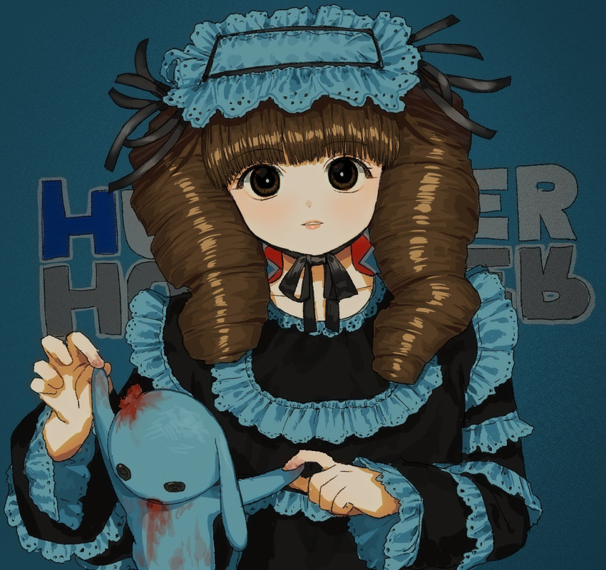 1girl biscuit_krueger bisque_doll blood bright_pupils broken brown_hair copyright_name doll dress drill_hair empty_eyes expressionless frilled_dress frilled_sleeves frills hands_up highres holding holding_doll hunter_x_hunter long_hair looking_at_viewer official_alternate_eye_color official_alternate_hair_color official_alternate_hairstyle qn_ui3 solo stuffed_animal stuffed_rabbit stuffed_toy twintails upper_body
