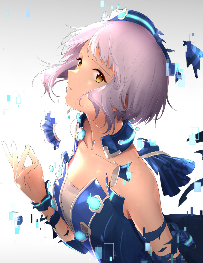 1girl absurdres bare_shoulders blue_dress blue_headwear breasts code:escape_(idolmaster) collarbone detached_sleeves dress hat highres homco idolmaster idolmaster_million_live! idolmaster_million_live!_theater_days looking_at_viewer makabe_mizuki mini_hat parted_lips purple_hair raised_eyebrows short_hair sidelocks small_breasts solo wavy_hair white_background yellow_eyes