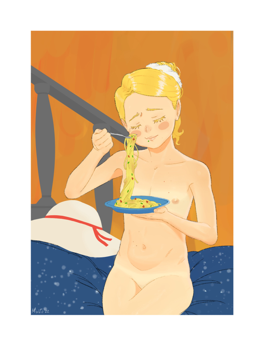 belly blonde_hair breasts eating food hat highres moitasart nipples nude original small_breasts thighs