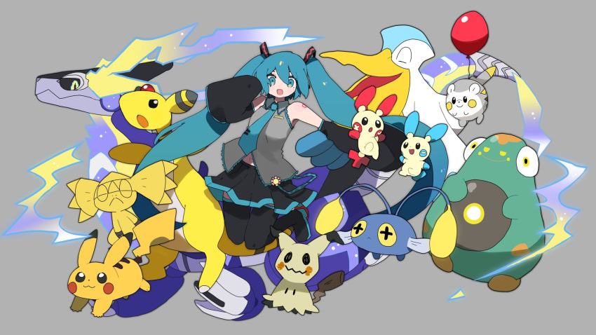 1girl ampharos balloon bellibolt black_footwear black_sleeves blue_eyes blue_hair blue_necktie boots chinchou commentary_request detached_sleeves electricity feet_up floating full_body grey_background grey_shirt hair_ornament hand_up hatsune_miku helioptile highres long_hair looking_at_viewer midriff_peek mimikyu minun miraidon navel necktie nukunuku_nigirimeshi pelipper pikachu pleated_skirt plusle pokemon pokemon_(creature) project_voltage shirt shoulder_tattoo simple_background skirt sleeveless sleeveless_shirt sleeves_past_fingers sleeves_past_wrists smile solo tattoo thigh_boots tie_clip togedemaru twintails very_long_hair vocaloid