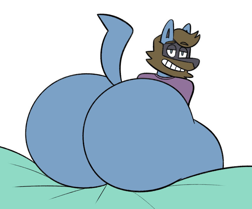 anthro beard big_butt blue_body bottomless brown_hair bubble_butt butt clothed clothing cole_(colelucario) colelucario facial_hair generation_4_pokemon grin hair hi_res huge_butt looking_at_viewer looking_back looking_back_at_viewer lucario male nintendo pokemon pokemon_(species) rear_view smile solo wide_hips