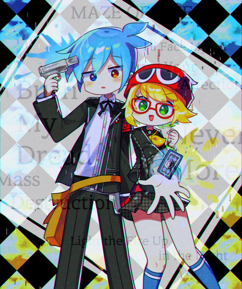 1boy 1girl absurdres alternate_costume amitie_(puyopuyo) bespectacled black_jacket black_pants blonde_hair blue_eyes blue_hair blue_socks blush glasses green_eyes gun handgun heterochromia highres holding holding_gun holding_weapon jacket kneehighs long_sleeves looking_at_viewer offbeat open_mouth pants puyopuyo red-framed_eyewear red_eyes short_hair sig_(puyopuyo) socks weapon