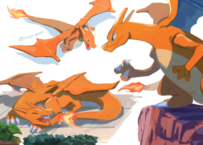 charizard claws commentary_request fang fang_out fire flame-tipped_tail green_eyes highres horns looking_down lying mo~zu multiple_views no_humans pokemon pokemon_(creature) twitter_username