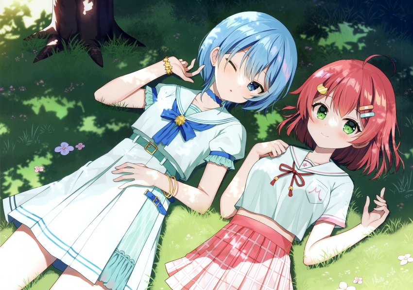2girls ;o absurdres ahoge belt belt_buckle blue_belt blue_bow blue_eyes blue_hair blush bow buckle cat_hair_ornament collarbone day green_eyes hair_between_eyes hair_ornament hairclip hand_up hands_up highres hololive hoshimachi_suisei hoshimachi_suisei_(4th_costume) lying mauve multiple_girls neck_ribbon on_back on_grass one_eye_closed outdoors parted_lips pink_skirt pleated_skirt puffy_short_sleeves puffy_sleeves red_hair red_ribbon ribbon sailor_collar sakura_miko sakura_miko_(6th_costume) scan school_uniform serafuku shirt short_hair short_sleeves skirt tree virtual_youtuber white_sailor_collar white_serafuku white_shirt white_skirt