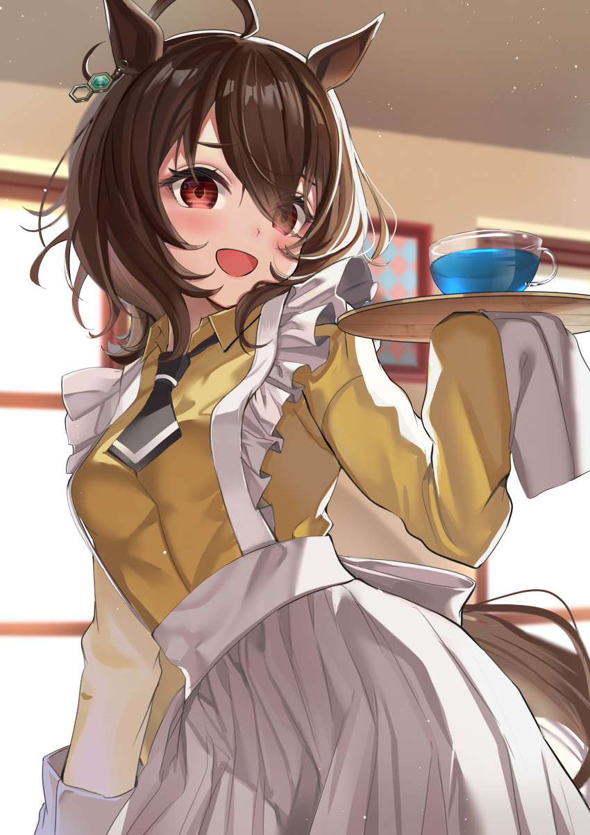 1girl absurdres adapted_costume agnes_tachyon_(umamusume) ahoge alternate_costume animal_ears apron black_necktie blue_liquid blurry blurry_background breasts brown_hair chemical_structure collared_shirt earrings enmaided eyes_visible_through_hair frilled_apron frills highres holding holding_tray horse_ears horse_girl horse_tail jewelry maid medium_hair necktie open_mouth piyokuma red_eyes shirt short_hair short_necktie single_earring sleeves_past_fingers sleeves_past_wrists tail tray umamusume wa_maid waist_apron white_apron yellow_shirt